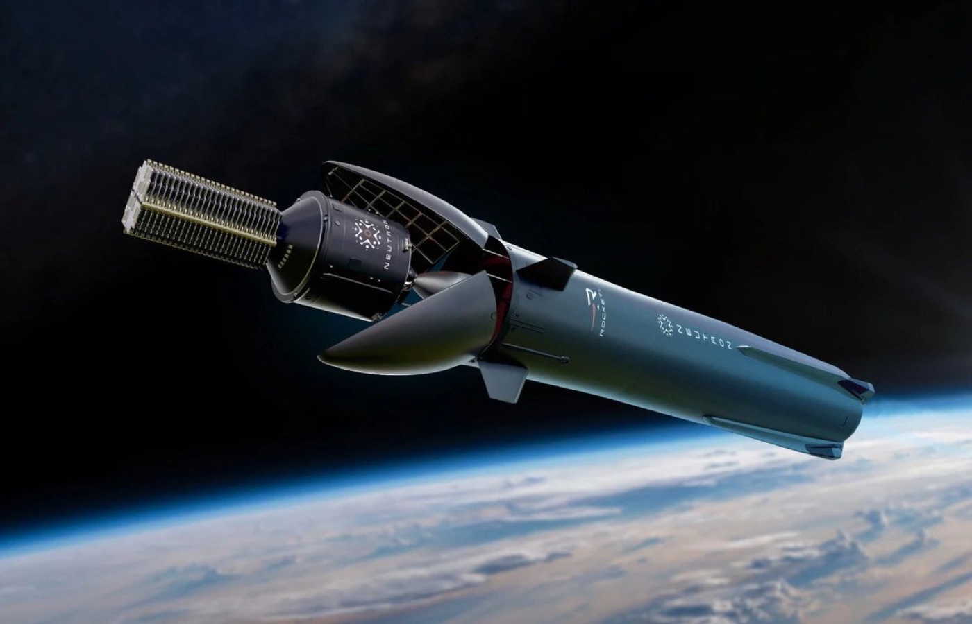 A render of Neutron deploying satellites, Rocket Lab's reusable medium-lift rocket built to compete with Falcon 9, still awaiting its first flight.