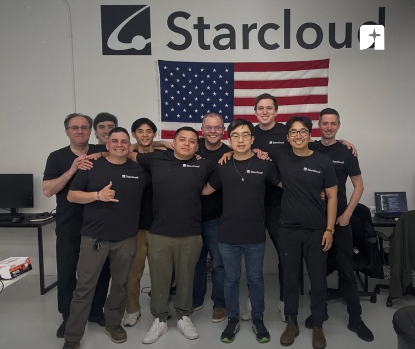 Starcloud team including engineers as well as cofounders Ezra Feilden, Philip Johnston and Adi Oltean. Image courtesy of Starcloud.